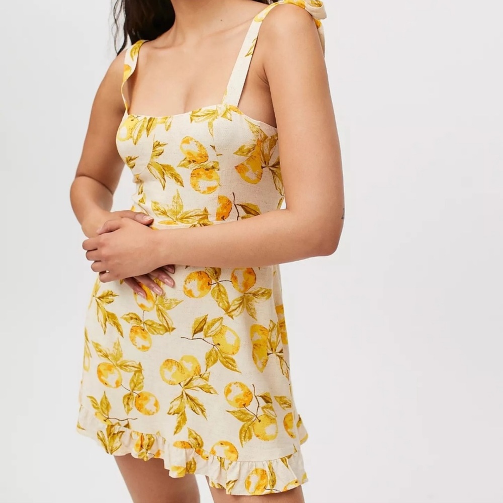 Urban Outfitters Jolene Shoulder Tie Lemon Print Mini Dress Linen